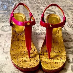 Chaps pink buckled sandals size 10B slide between toes cork sole 3” heels